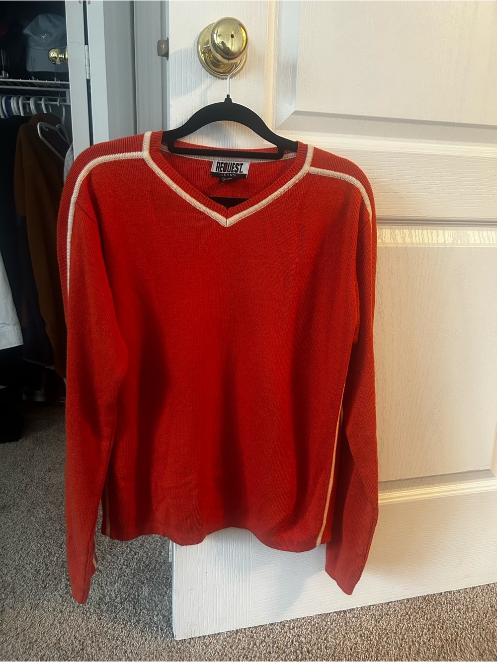 90s orange V-Neck Sweater with Contrast Trim
